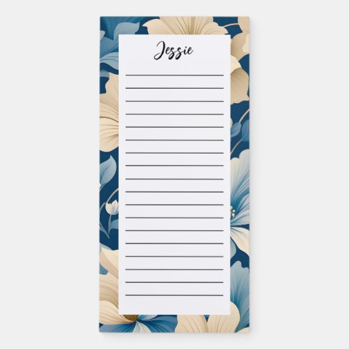 Personalized Blue Tan Floral Name Lined Magnetic Notepad