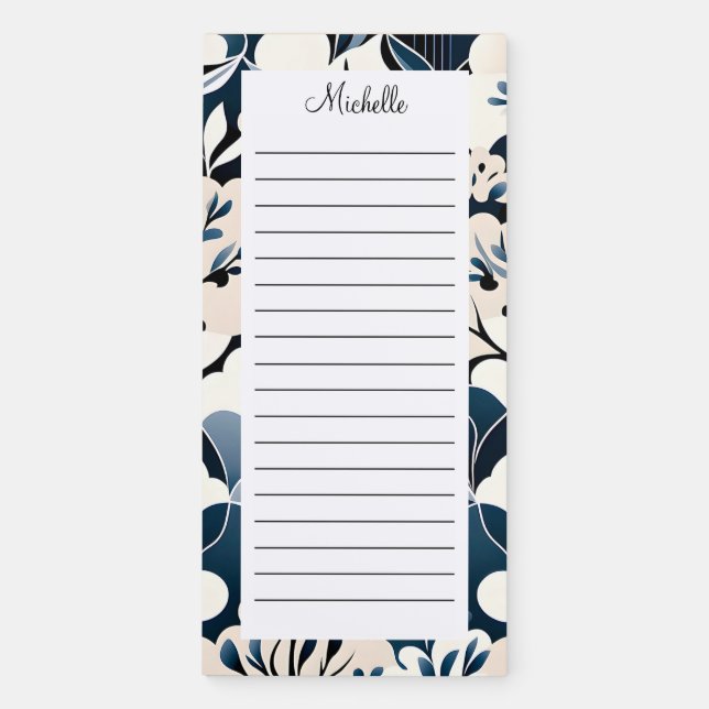 Personalized Blue Tan Floral Name Lined Magnetic Notepad (Front)