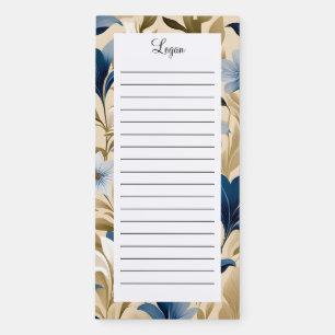 Personalized Blue Tan Floral Name Lined Magnetic Notepad