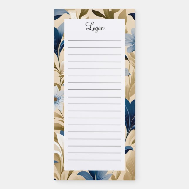 Personalized Blue Tan Floral Name Lined Magnetic Notepad (Front)