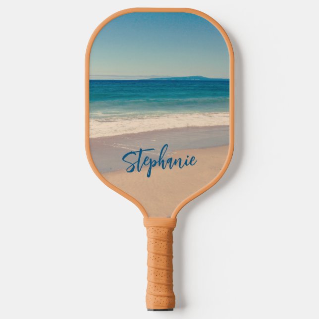 Personalized Blue Teal California Beach Photo Pickleball Paddle (Front)