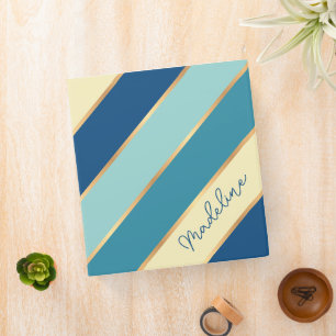 Personalized Blue Teal Green Yellow Gold Stripe 3 Ring Binder