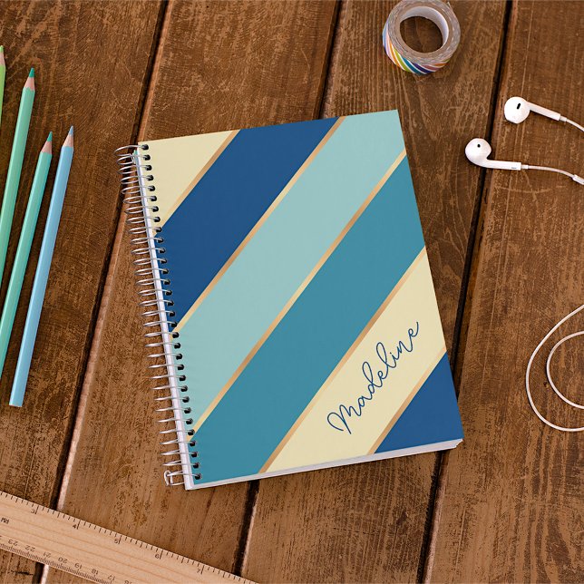 Personalized Blue Teal Green Yellow Gold Stripe Notebook (Creator Uploaded)