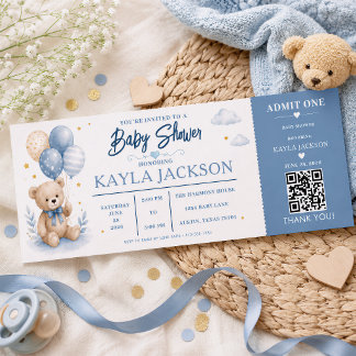 Personalized Blue Teddy Bear Baby shower With QR Raffle Tickets