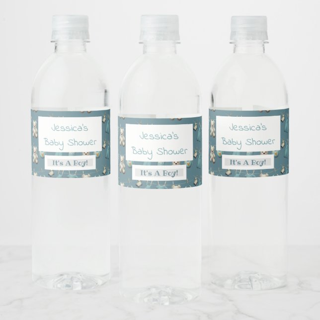 Personalized Blue Teddy Bear Boy Baby Shower  Water Bottle Label (Bottles)