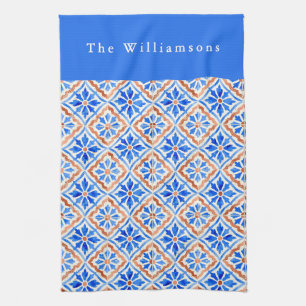 Personalized Blue Terracotta Mediterranean Tile Kitchen Towel