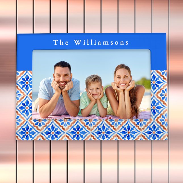 Personalized Blue Terracotta Mediterranean Tile Magnetic Frame (A personalized magnetic photo frame with Mediterranean inspired tile pattern in blue and terracotta)