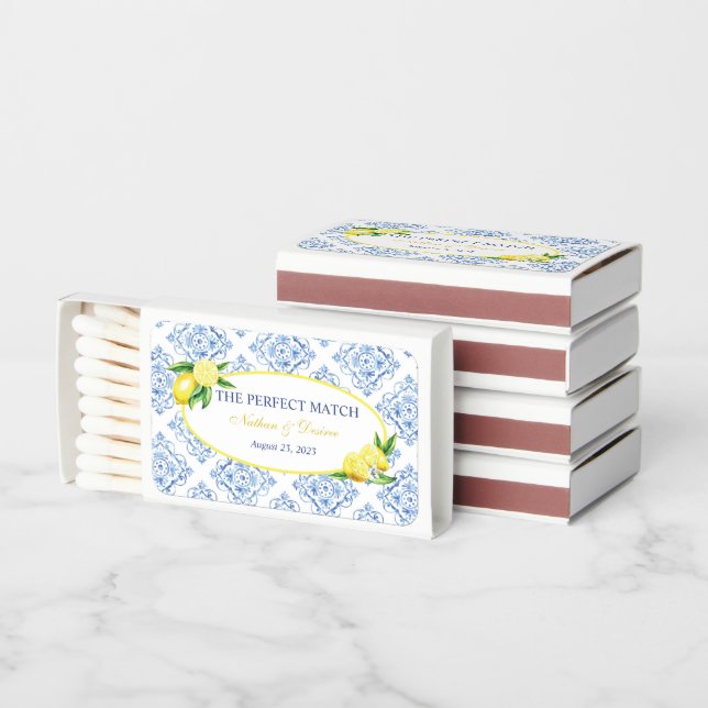Personalized Blue Tile Italian Floral Lemon Matchboxes (Stacked)