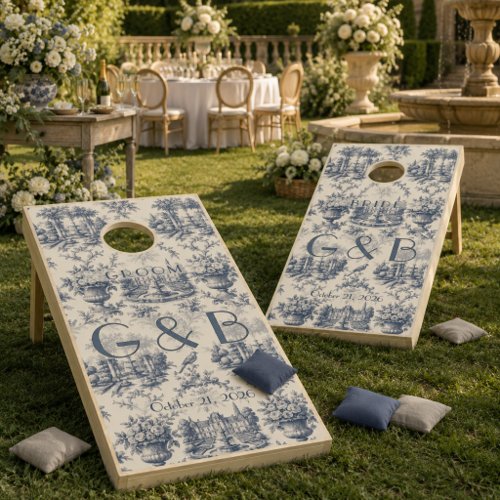 Personalized Blue Toile French Country Wedding Cornhole Set