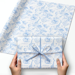Personalized Blue Toile Safari Baby Shower Gift Wrapping Paper