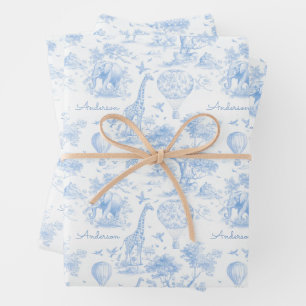 Personalized Blue Toile Safari Baby Shower Gift Wrapping Paper Sheets