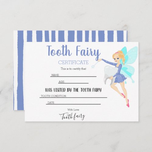 Personalized Blue Tooth Fairy Certificate Thank You Card