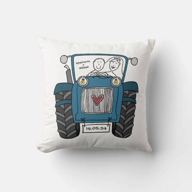 Personalized Blue Tractor Country Farm Wedding Throw Pillow (Front)