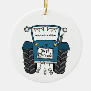 Personalized Blue Tractor Country Wedding Gift Ceramic Ornament