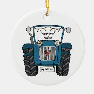 Personalized Blue Tractor Country Wedding Gift Ceramic Ornament