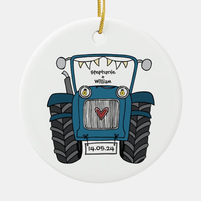 Personalized Blue Tractor Country Wedding Gift Ceramic Ornament (Front)