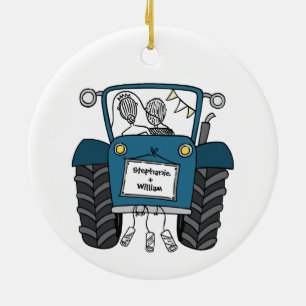 Personalized Blue Tractor Country Wedding Gift Ceramic Ornament