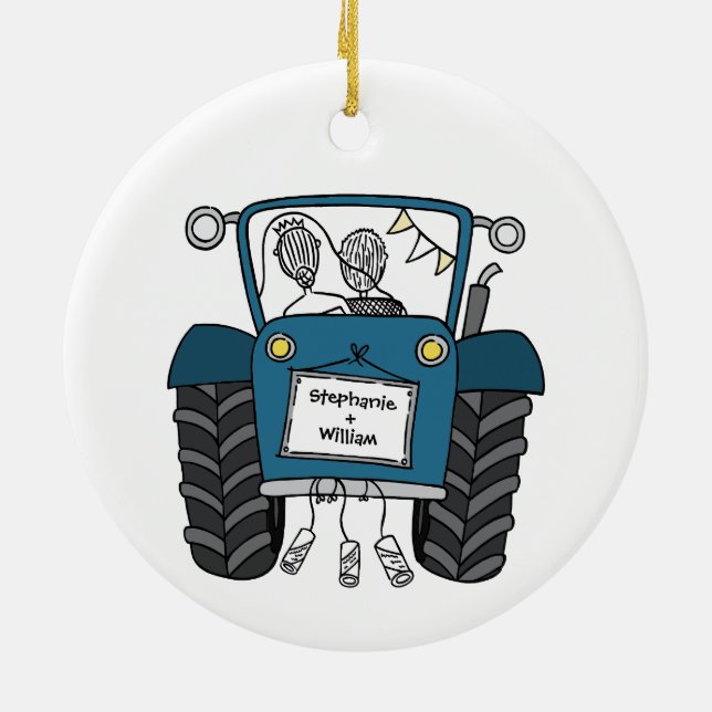Personalized Blue Tractor Country Wedding Gift Ceramic Ornament (Back)