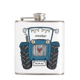 Personalized Blue Tractor Country Wedding Gift Flask