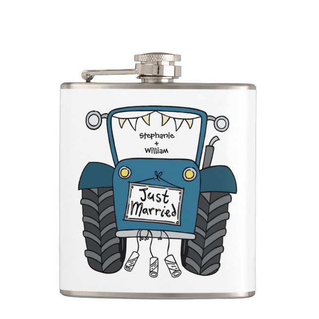 Personalized Blue Tractor Country Wedding Gift Flask (Front)