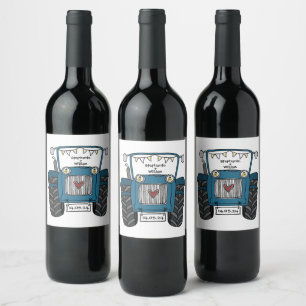 Personalized Blue Tractor Country Wedding Wine Label