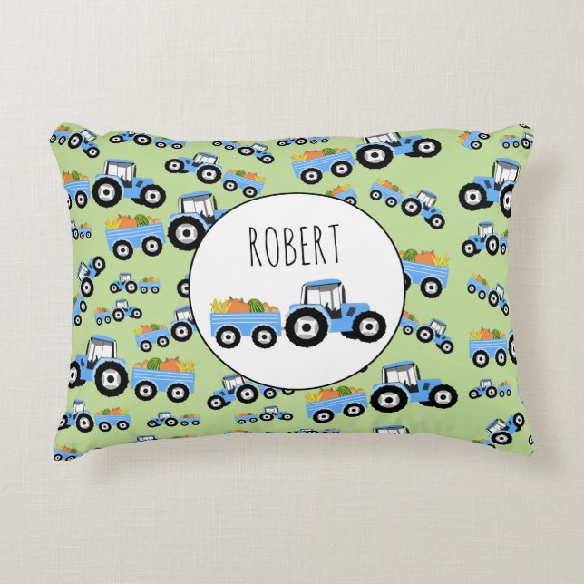 Personalized Blue Tractor Truck Farm Produce Accent Pillow (Front)