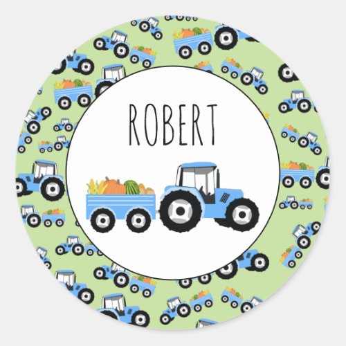 Personalized Blue Tractor Truck Farm Produce Classic Round Sticker