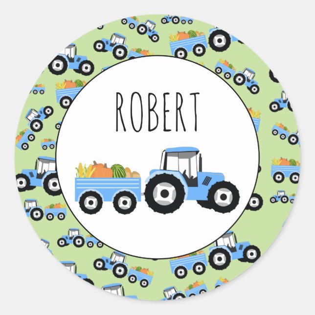Personalized Blue Tractor Truck Farm Produce Classic Round Sticker (Front)