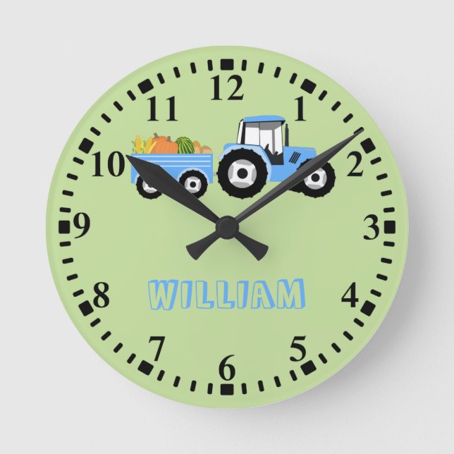 Personalized Blue Tractor Truck Farm Produce Round Clock (Front)