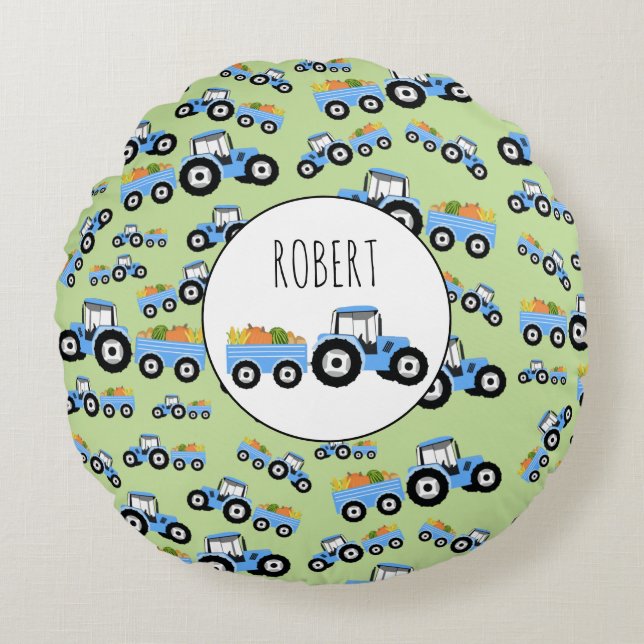 Personalized Blue Tractor Truck Farm Produce Round Pillow (Front)