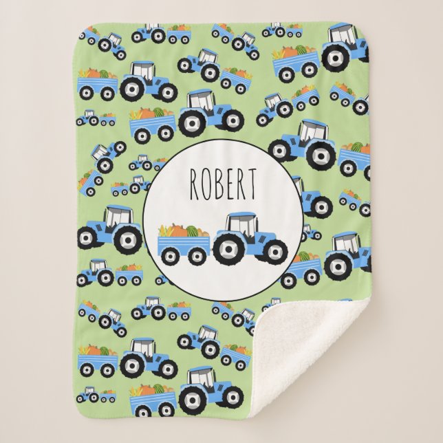 Personalized Blue Tractor Truck Farm Produce  Sherpa Blanket (Front)