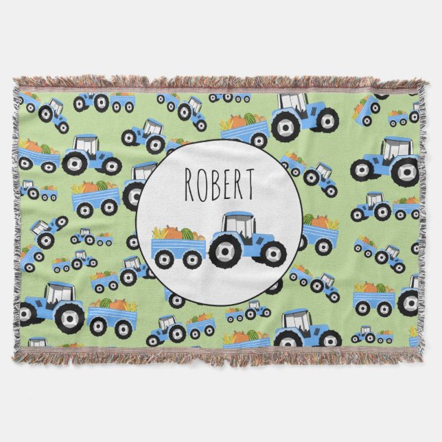 Personalized Blue Tractor Truck Farm Produce Throw Blanket (Front)