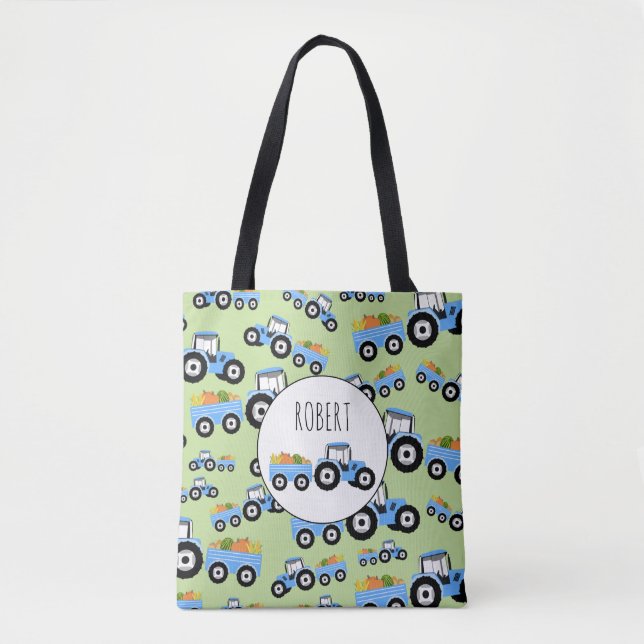 Personalized Blue Tractor Truck Farm Produce Tote Bag (Front)