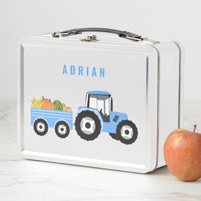 Personalized Blue Tractor Truck Farm School Metal Lunch Box (In Situ)