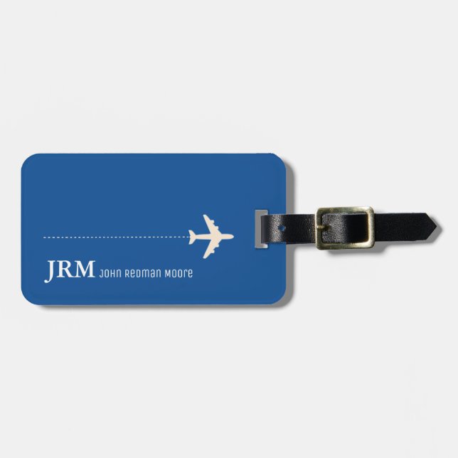 personalized blue travel airplane luggage tag (Front Horizontal)