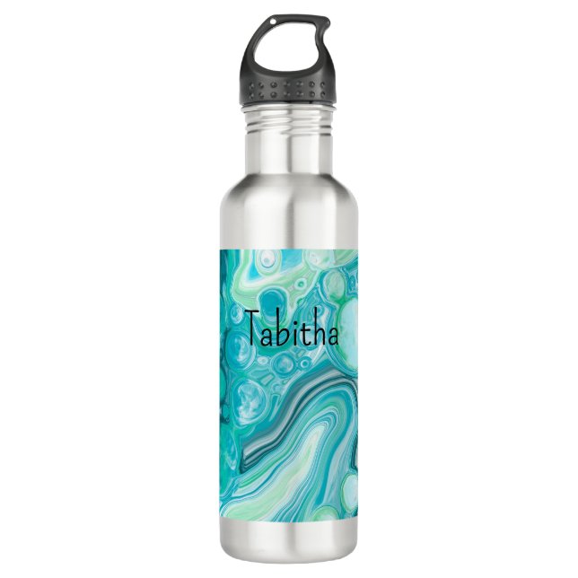 Personalized Blue, Turquoise Sea Waves Bubbles    Stainless Steel Water Bottle (Front)