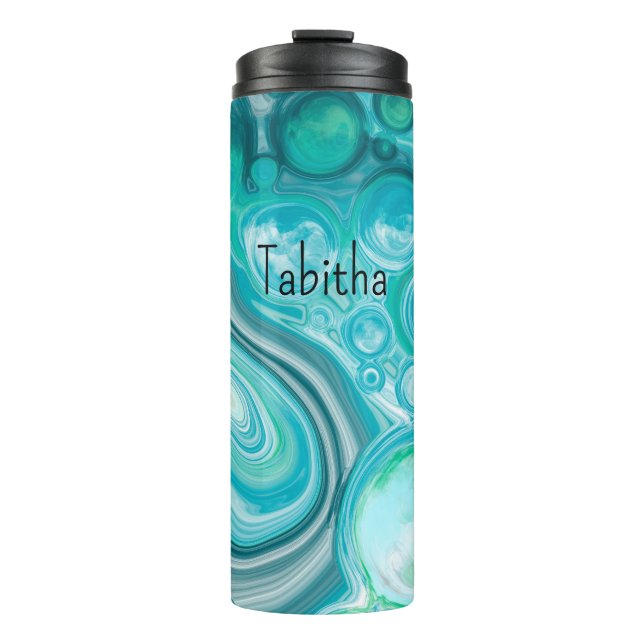 Personalized Blue, Turquoise Sea Waves Bubbles   Thermal Tumbler (Front)