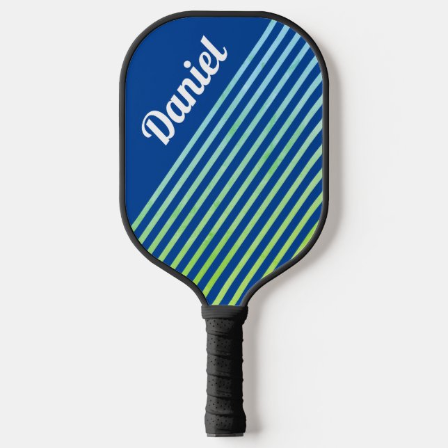 Personalized Blue Vertical Striped Minimal Modern Pickleball Paddle (Front)