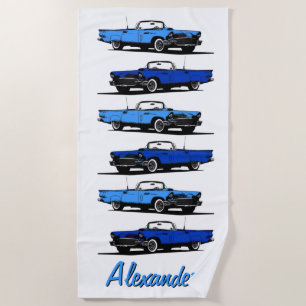 Personalized Blue Vintage 1950s Sports Cars Beach Towel