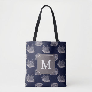 Personalized Blue Vintage Typewriter Monogram Tote Bag
