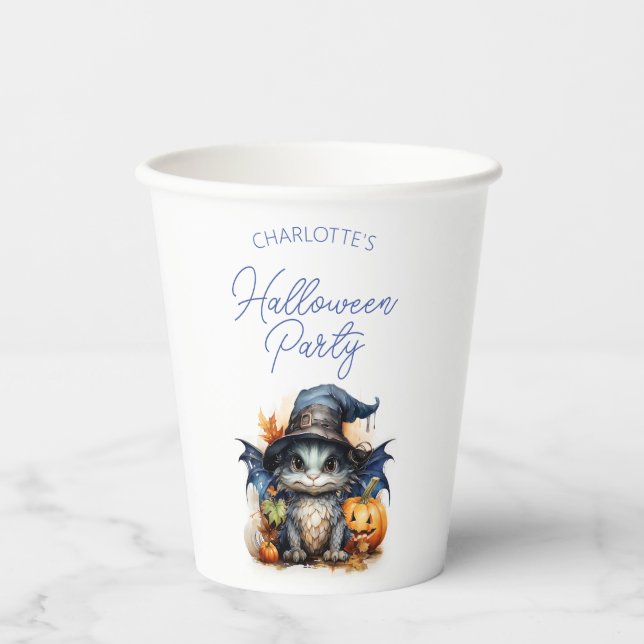 Personalized Blue Watercolor Baby Dragon Halloween Paper Cups (Front)