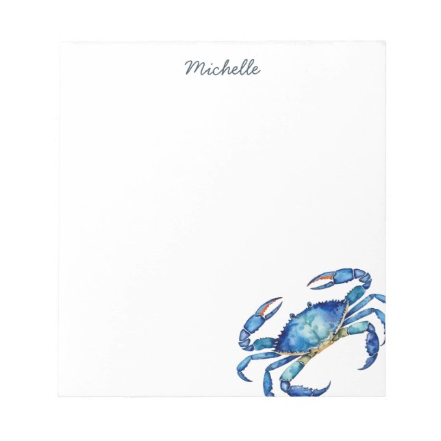 Personalized  Blue Watercolor Crab Summer Beach    Notepad (Front)