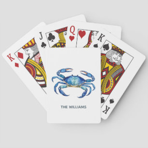 Personalized Blue Watercolor Crab Summer Beach Poker Cards