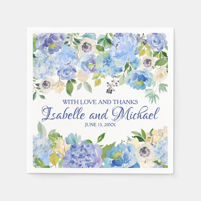 Personalized Blue Watercolor Floral Napkins (Front)