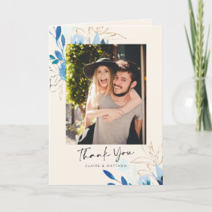 Personalized Blue Watercolor Floral Photo Wedding Thank You Card