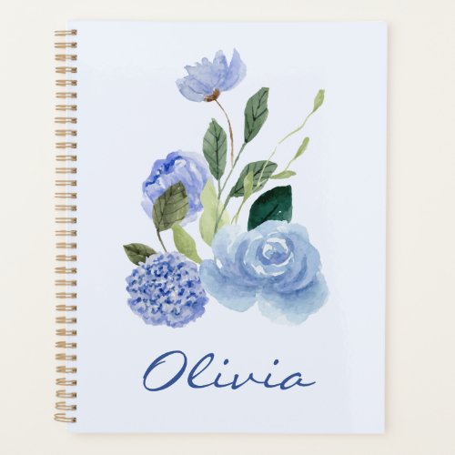 Personalized Blue Watercolor Floral Spiral Jouranl Planner