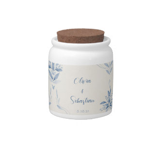Personalized Blue Watercolor Floral Wedding Cookie Candy Jar