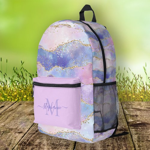 Personalized Blue Watercolor Gold Glitter Agate Printed Backpack