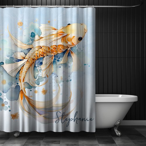 Personalized Blue Watercolor Gold Koi Fish Shower Curtain
