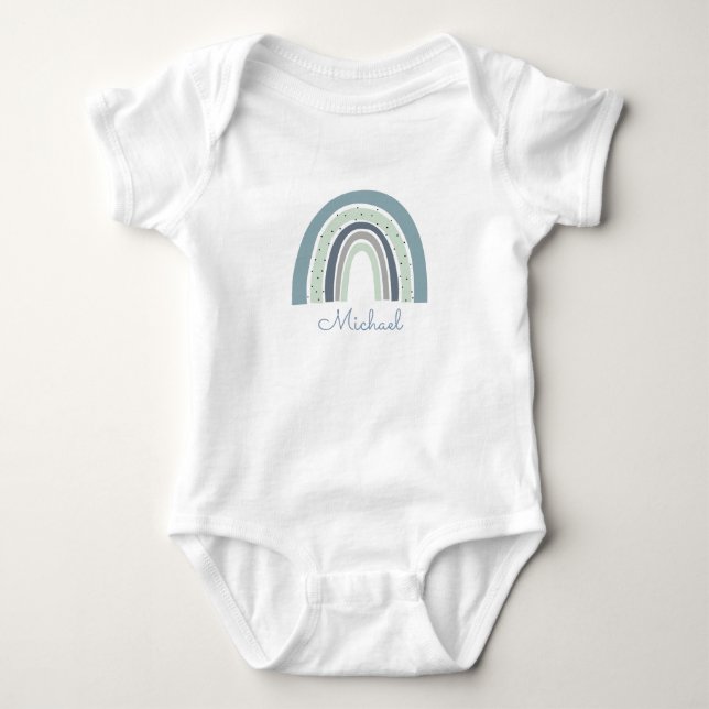 Personalized Blue Watercolor Rainbow Baby Boy Bodysuit (Front)